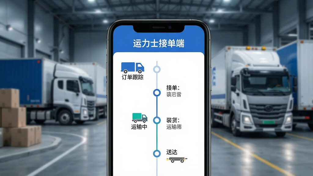 一张展示运力士接单端订单跟踪功能的图片,画面主体为手机屏幕显示订单跟踪时间轴,包含接单、装货、运输中、送达等节点,屏幕上方有“运力士接单端”文字,背景为物流运输场景,风格为简约科技风,细节清晰,画质干净,无多余元素