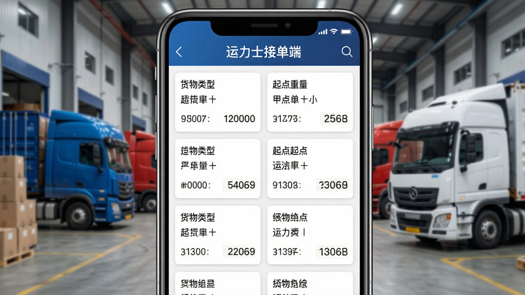 一张展示运力士接单端货源列表的图片,画面主体为手机屏幕显示大量货源订单卡片,每张卡片标注货物类型、重量、起点终点和运费,屏幕上方有“运力士接单端”文字标识,背景为物流仓库和货车场景,风格为写实商务风,细节丰富,画质清晰,干净无多余元素