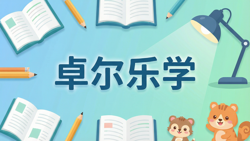 一张展示卓尔乐学软件主界面的预览图,画面中央是“卓尔乐学”四个大字的品牌标识,周围环绕着课本、铅笔、护眼台灯和卡通小动物等学习元素,布局采用中心对称式构图,排版清晰简洁,风格为清新明快的扁平化插画,细节上加入柔和的蓝绿色渐变背景和轻微阴影,画质高清干净无多余元素