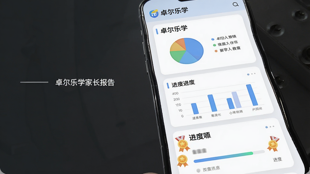 一幅展示卓尔乐学家长端学情报告界面的预览图,画面主体是手机屏幕显示“卓尔乐学”数据图表和进度条,布局为纵向卡片式排列,风格为简洁现代的商务信息图风格,细节上加入饼图、柱状图和奖章图标,画质高清干净无多余元素