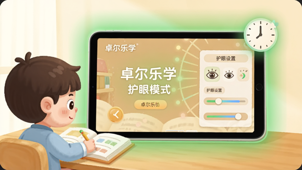 一幅展示卓尔乐学智能护眼功能的场景图,画面主体是一台平板电脑屏幕显示“卓尔乐学”护眼模式界面,屏幕周围有柔和的绿色光晕和时钟图标,布局为横向展开,左侧是孩子正在学习的卡通形象,右侧是护眼设置面板,风格为温暖柔和的数字插画,细节上加入眼睛图标和光线调节滑块,画质清晰干净无多余元素