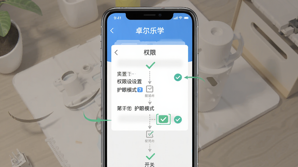 一幅展示卓尔乐学安装设置流程的示意图,画面主体是手机屏幕显示“卓尔乐学”权限设置与护眼模式开关界面,布局为纵向步骤式排列,风格为简洁明了的UI说明图,细节上加入勾选图标和箭头引导,画质清晰干净无多余元素