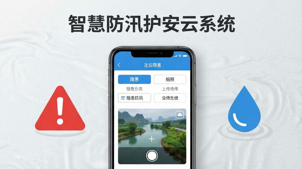 智慧防汛护安云系统隐患上报界面,画面中心为手机屏幕,屏幕内展示隐患分类选项与拍照上传区域,屏幕旁有红色警示感叹号与水滴图标,背景为浅灰质感,风格素雅极简,顶部写有“智慧防汛护安云系统”字样,布局清晰,画质干净,无多余元素