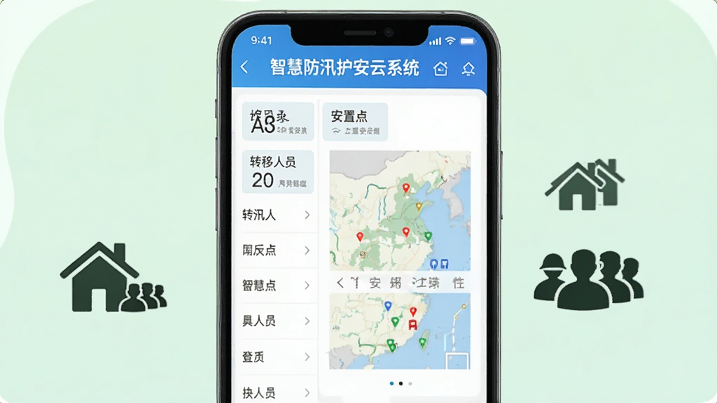 智慧防汛护安云系统人员转移登记界面,画面中一部手机展示转移人员名单与安置点地图,旁边有房屋与人群剪影图标,背景为柔和浅绿色调,风格清新浅色,屏幕内写有“智慧防汛护安云系统”标题,细节清晰,画质干净,无多余元素