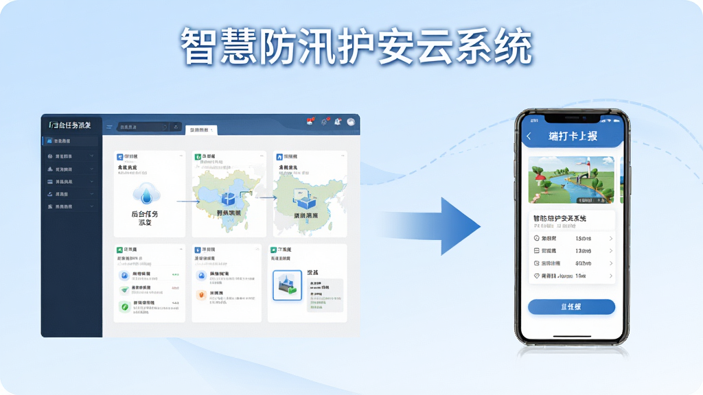 智慧防汛护安云系统巡查任务闭环流程示意图,画面左侧为后台任务派发界面,右侧为手机端打卡上报界面,中间用流向箭头连接,背景为淡蓝色渐变,风格简洁商务,画面中写有“智慧防汛护安云系统”标题,细节清晰,画质干净,无多余元素