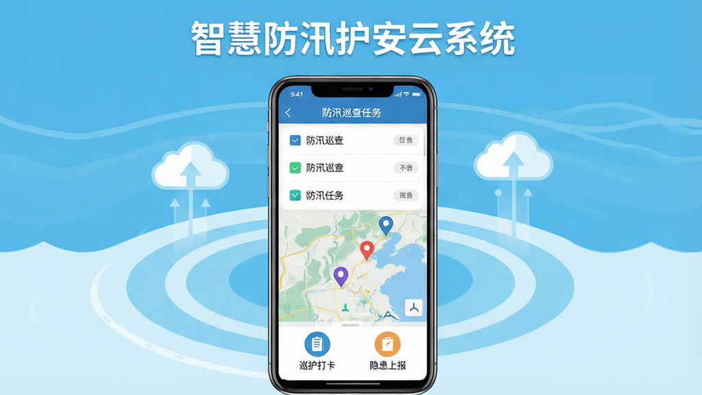 智慧防汛护安云系统手机端主界面展示,画面中央一部竖屏智能手机,屏幕内呈现防汛巡查任务列表与地图点位标记,周围环绕浅蓝色水位波纹与云朵图标,整体采用清爽扁平化风格,顶部写有“智慧防汛护安云系统”字样,底部排列巡护打卡与隐患上报图标,布局简洁对称,细节清晰,画质干净,无多余元素,适合下载站展示
