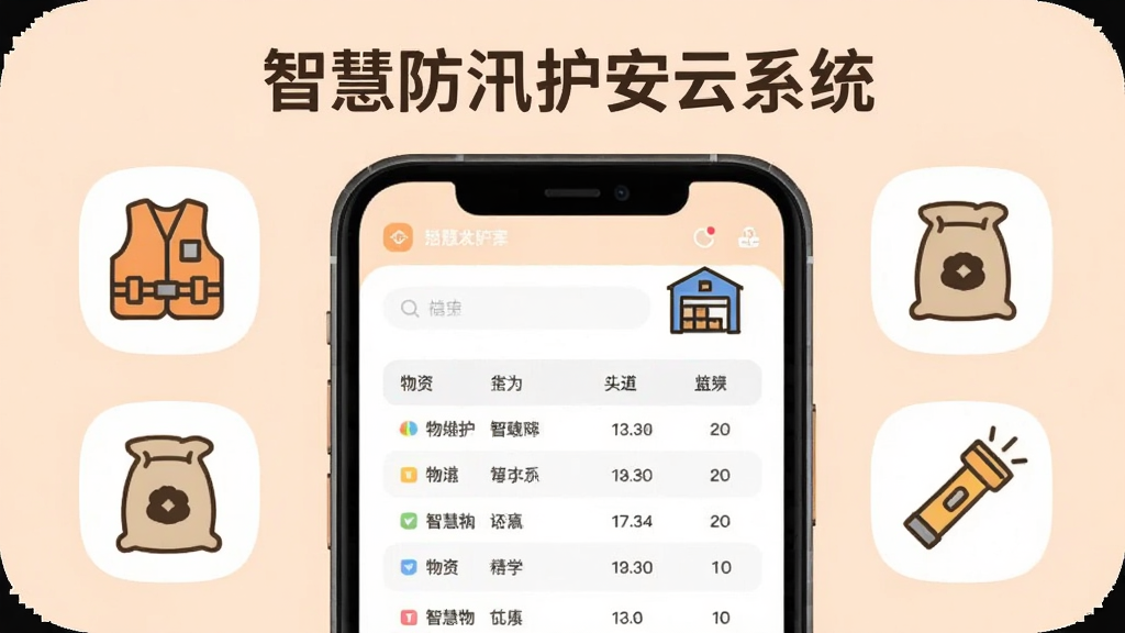 智慧防汛护安云系统物资管理界面,画面展示手机屏幕内的物资清单表格与仓库图标,周围有救生衣、沙袋、手电筒等简笔图标,背景为浅橙色调,风格柔和圆角,顶部写有“智慧防汛护安云系统”字样,排版整齐,画质干净,无多余元素