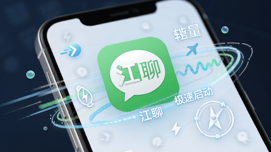 一部智能手机屏幕中显示“江聊”应用图标和极速启动动画,周围环绕速度线条与轻量符号,主体位于画面中央,布局简洁,风格科技感与清新感结合,细节突出应用名称“江聊”,画质清晰,干净,无多余元素