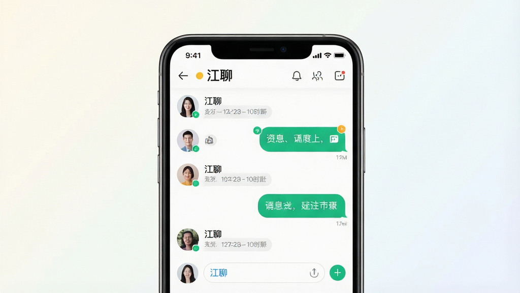 一张展示手机即时通讯软件界面的图片,画面中央是一部现代智能手机,屏幕上显示名为“江聊”的聊天应用主界面,包含联系人列表和对话气泡,背景是简洁的浅色渐变,布局居中对称,风格清新简约,细节上体现消息图标、输入框和头像圆圈,画质清晰,干净,无多余元素