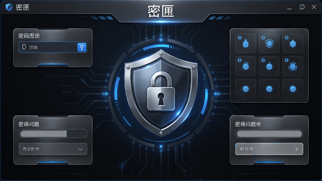 软件“密匣”安全设置界面,中心为盾牌与锁组合图标,周围环绕密码输入框、图案九宫格、密保问题卡片,布局对称,风格为深色科技风,细节包括蓝色光效与金属纹理,画质清晰干净,无多余元素