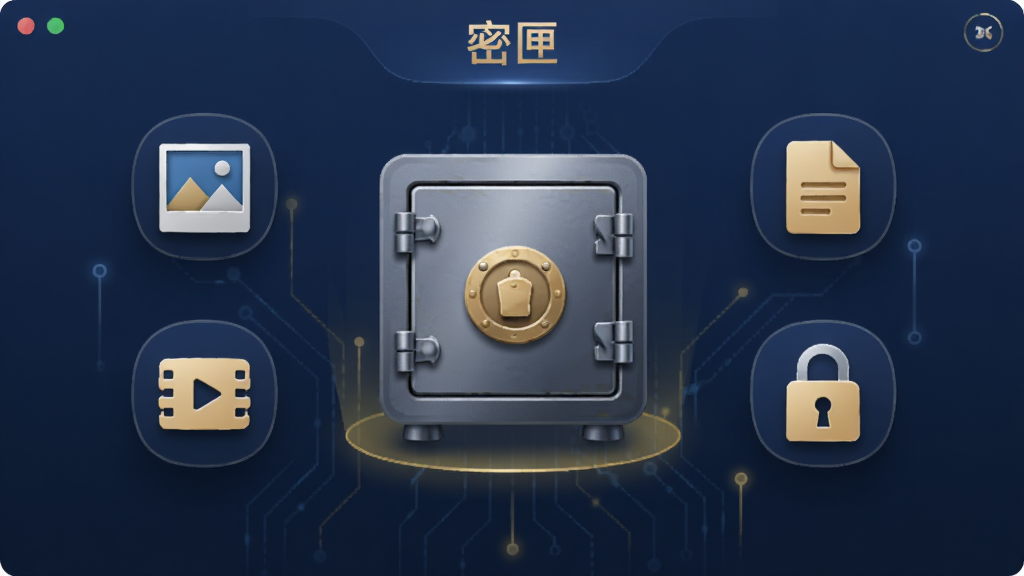 软件“密匣”主界面展示,中心为一个金属质感保险箱图标,周围环绕照片、视频、文档、密码锁等小图标,整体采用深蓝色与金色搭配,布局简洁居中,风格为扁平化科技风,细节包括柔和阴影与微光效果,画质清晰干净,无多余元素