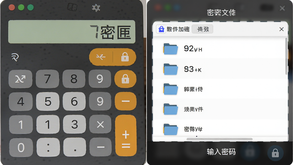 软件“密匣”伪装界面展示,画面左侧为普通计算器界面,右侧为输入密码后切换出的加密文件列表界面,布局左右对比,风格为扁平化UI设计,细节包括数字按键、文件夹图标、锁形标识,画质清晰干净,无多余元素