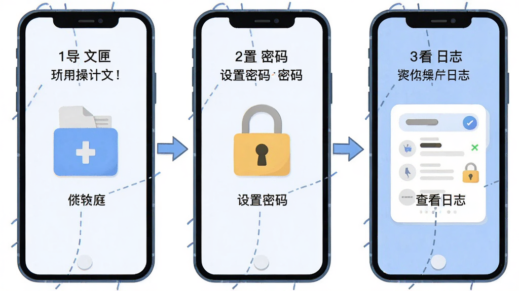 软件“密匣”新手操作指引图,画面为手机屏幕展示导入文件、设置密码、查看日志三个步骤,布局为纵向流程图,风格为扁平化插画风,细节包括手机边框、箭头连接、图标标注,画质清晰干净,无多余元素
