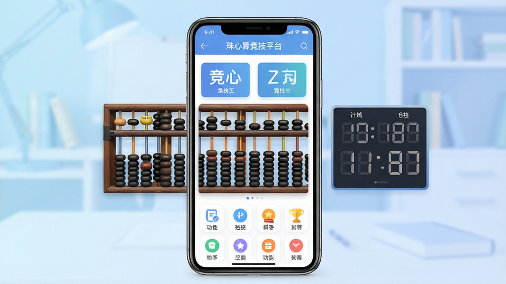 珠心算竞技平台软件主界面全景展示,画面中央是珠心算竞技平台的虚拟算盘与倒计时竞技面板,背景是淡蓝色渐变的学习场景,主体为手机屏幕中显示珠心算竞技平台APP首页,布局为上方标题栏、中部竞技入口卡片、下方功能区图标排列,排版整齐清晰,风格为现代扁平化UI设计,细节包括算盘珠子、数字题板、排行榜奖杯图标,画质高清,画面干净,无多余元素