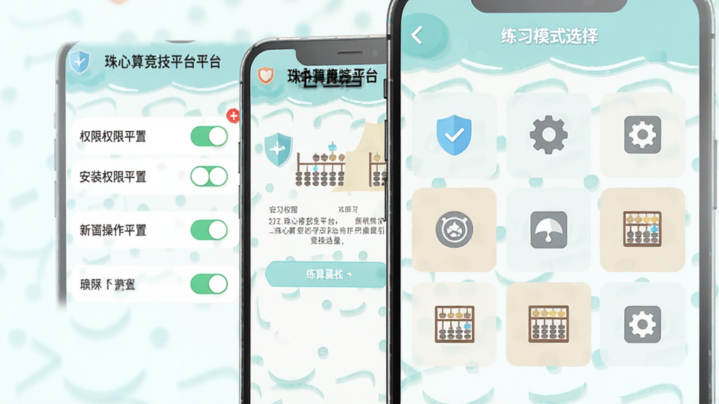 珠心算竞技平台新手操作引导页面,画面主体为手机屏幕显示珠心算竞技平台的安装权限设置界面和练习模式选择页,布局为左侧权限开关列表、右侧功能图标网格,风格为清新浅色扁平化,细节包括盾牌安全图标、齿轮设置图标、算盘图案,画质高清,画面干净,无多余元素