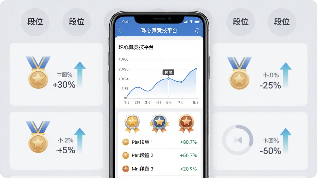珠心算竞技平台成绩统计与段位排行页面,画面中央为手机屏幕显示珠心算竞技平台的个人成绩曲线图和段位徽章,背景为淡灰色数据面板,布局为上方段位标识、中部折线图、下方排行榜列表,风格为简约商务数据可视化,细节包括金银铜奖牌图标、上升箭头、百分比数字,画质高清,画面干净,无多余元素