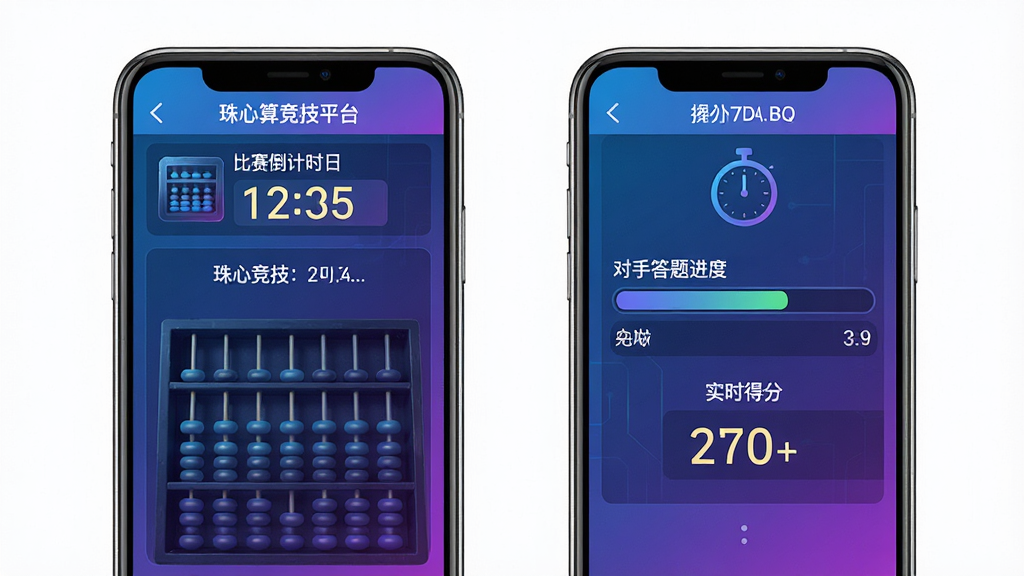 珠心算竞技平台实时竞技对战界面,画面主体为两部手机屏幕并排展示,左侧屏幕显示珠心算竞技平台的比赛倒计时和题目,右侧屏幕显示对手答题进度条和实时得分,布局为左右对称的竞技对比视图,风格为科技感蓝紫渐变,细节包括算盘图标、计时器、得分数字,画质清晰,画面干净,无多余元素