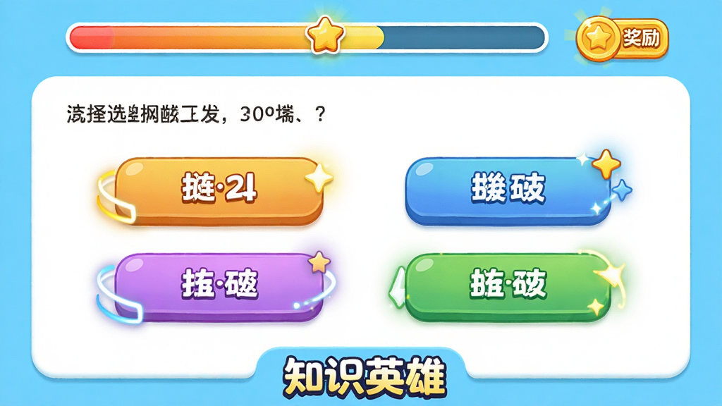 知识英雄APP内答题闯关界面,画面展示一道选择题与四个选项按钮,顶部有进度条与奖励金币图标,底部有知识英雄文字标识,布局为上下结构,排版整齐,风格为清新卡通风格,细节包含彩色按钮与动态光效,画质清晰明亮,无多余元素