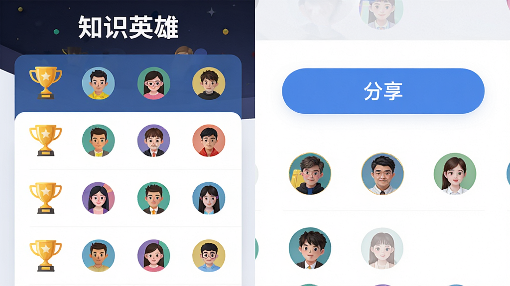 知识英雄APP排行榜与社交分享界面,画面左侧展示排行榜列表,右侧展示分享按钮与好友头像,顶部有知识英雄标题,布局为左右分栏,排版清晰,风格为简约现代风格,细节包含金色奖杯图标与彩色头像,画质高清干净,无多余元素