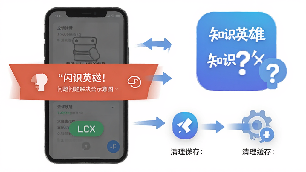 知识英雄APP问题解决示意图,画面展示手机屏幕出现闪退提示与清理缓存的操作路径,旁边有知识英雄图标和问号,布局为居中构图,排版简洁,风格为扁平化信息图风格,细节包含箭头指引与设置图标,画质清晰干净,无多余元素