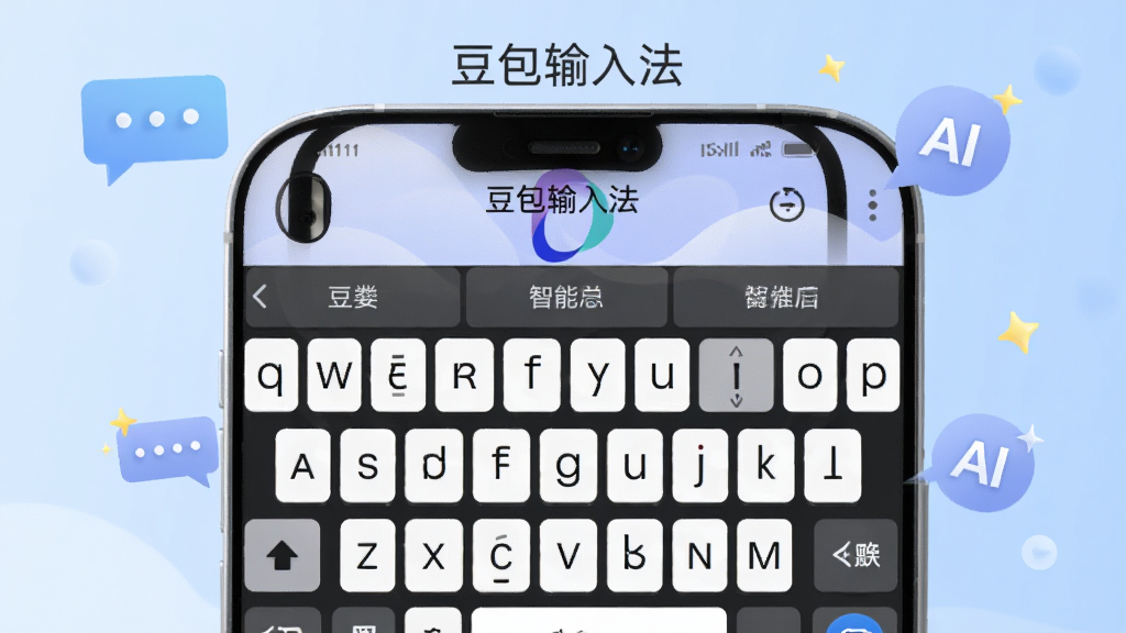 一张展示豆包输入法核心界面的横版宣传图,画面中央是手机屏幕,屏幕内显示豆包输入法的键盘布局与智能联想候选词条,键盘上方有“豆包输入法”文字标识,背景为浅蓝色渐变,点缀少量聊天气泡与AI星光元素,风格简洁现代,画质清晰,干净无多余元素