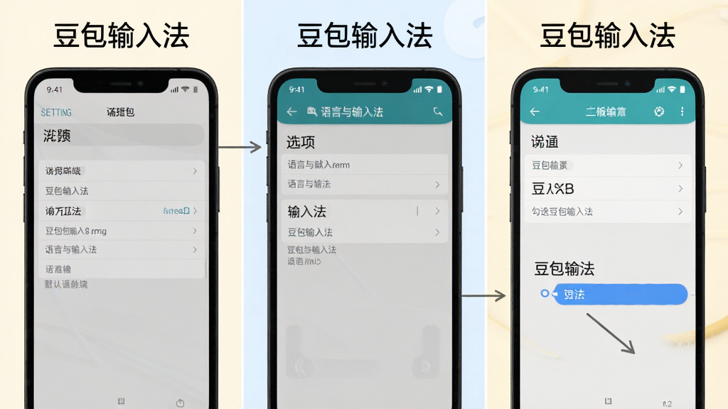 一张展示豆包输入法在手机端设置默认输入法的步骤示意图,画面分为三个小图,依次为设置界面、语言与输入法选项、勾选豆包输入法,每张图上方有“豆包输入法”文字标注,背景为浅色系,风格清晰直观,画质干净,无多余装饰