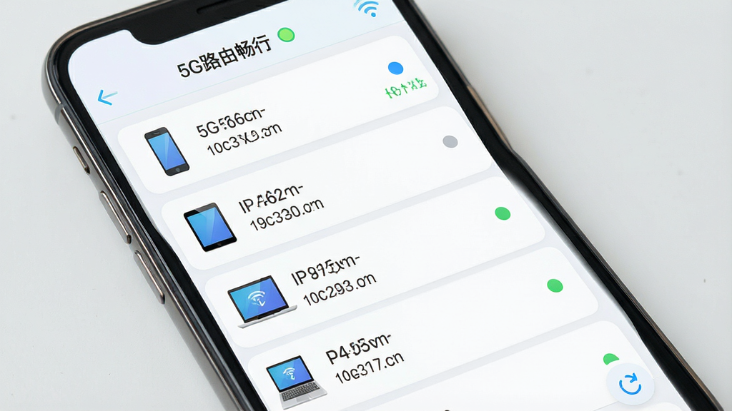 一张展示5G路由畅行设备管理功能的AI生图,画面主体为手机界面显示连接设备列表,列表项包含手机、平板、笔记本图标及对应IP地址,布局为纵向列表排版,风格为清爽浅色UI风格,细节包含“5G路由畅行”软件名称标识、设备连接状态圆点、刷新按钮,画质高清,干净,无多余元素。