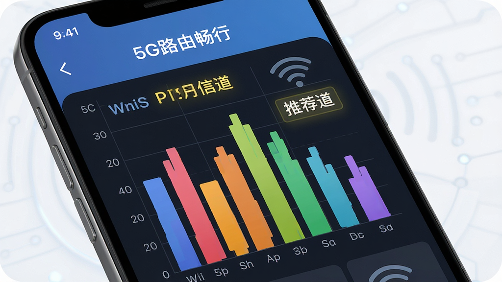 一张以5G路由畅行信号优化功能为主题的AI生图,画面主体为手机屏幕显示WiFi信道分析图表,图表中有多个彩色柱状条表示不同信道占用率,布局为上方标题下方图表,风格为简约商务科技风,细节包含“5G路由畅行”文字、推荐信道高亮标识、信号波纹图标,画质高清,干净,无多余元素。