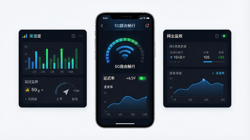 一张以5G路由畅行为主题的AI生图,画面主体为手机屏幕悬浮显示网络监测仪表盘,仪表盘上有信号强度柱状图、延迟数字和速率曲线,布局为中央手机加两侧数据面板,风格为深色科技感UI风格,细节包含“5G路由畅行”文字标识、蓝色信号波纹、绿色正常状态指示灯,画质高清,干净,无多余元素。