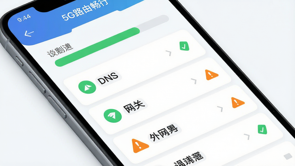 一张展示5G路由畅行网络诊断功能的AI生图,画面主体为手机屏幕显示诊断进度条与检测结果列表,列表项包含DNS、网关、外网等状态图标,布局为纵向步骤式排版,风格为现代扁平化科技风,细节包含“5G路由畅行”软件名称、绿色通过标识、橙色警告标识,画质高清,干净,无多余元素。