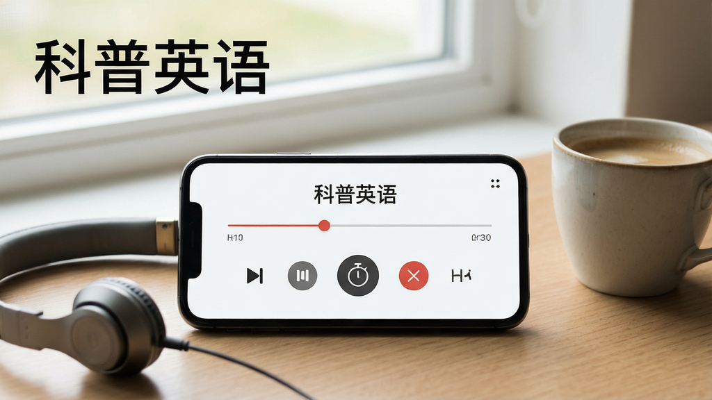 一张展示科普英语听力播放界面的图片。画面为手机横屏放置,屏幕内显示音频播放器界面,有播放进度条、速度调节按钮和定时关闭图标。手机旁边有一副耳机和一杯咖啡,背景为窗边自然光。风格舒适宁静,画质干净,画面中文字为