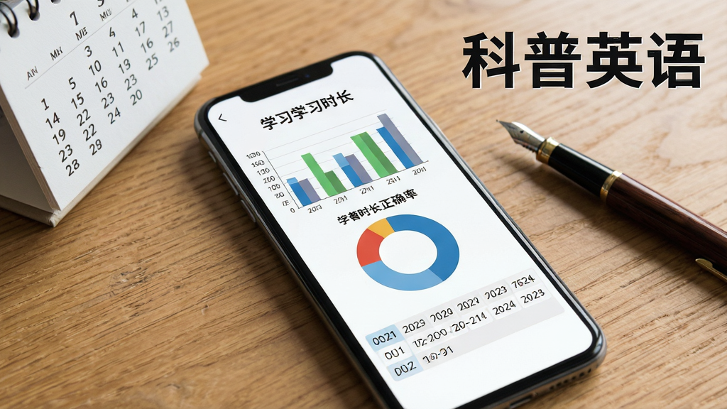一张展示科普英语学习统计页面的图片。画面为手机屏幕特写,屏幕内显示柱状图和环形图,展示学习时长和正确率数据,下方有日期列表。手机放置在木质桌面上,旁边有一本日历和一支钢笔。风格商务简约,画质清晰,画面中文字为