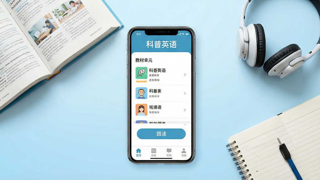 一张展示科普英语移动端应用界面的场景图。画面中央是一部竖屏智能手机,屏幕内显示科普英语APP主界面,顶部有
