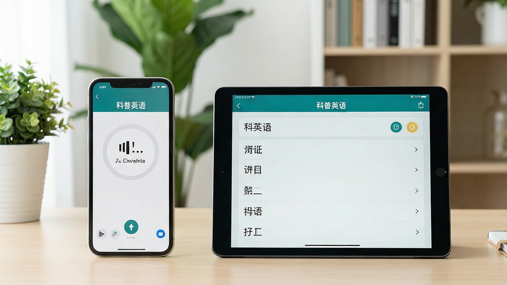 一张展示科普英语在手机和平板上同时运行的场景图。画面左侧为竖屏手机显示跟读界面,右侧为横屏平板显示单词列表,两台设备屏幕内均有