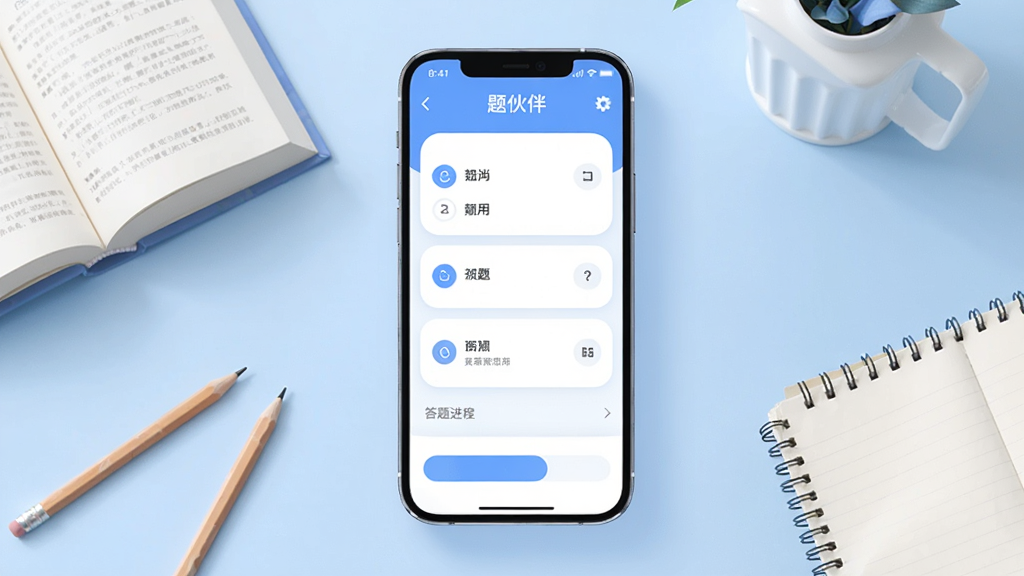 一款名为“题伙伴”的手机学习软件界面展示,画面中央是一部竖屏智能手机,屏幕内显示刷题练习页面,包含选择题选项与答题进度条,手机周围散落着书本、铅笔与笔记本,背景为浅蓝色渐变,风格清新简约,细节包含柔和的阴影与圆角图标,画质高清,干净,无多余元素