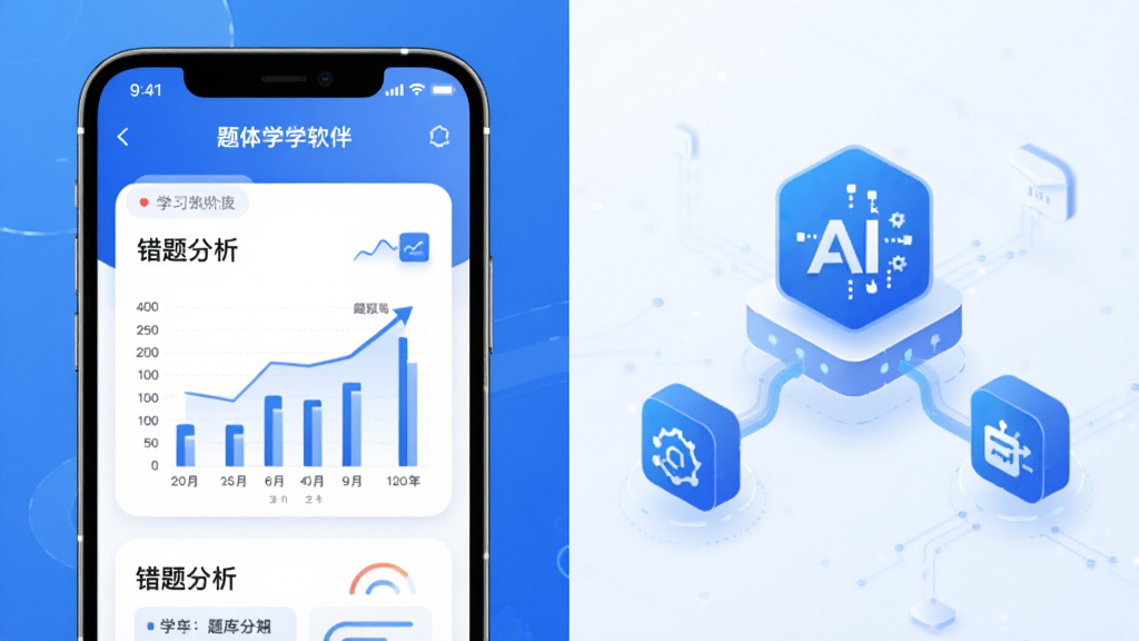 一款名为“题伙伴”的学习软件智能推送功能展示图,画面左侧为手机屏幕显示错题分析图表,右侧为AI算法图标与题库数据流动的抽象图形,布局左右分栏,风格科技感与教育感结合,细节包含蓝色与白色主色调、圆角卡片、数据可视化元素,画质高清,干净,无多余元素