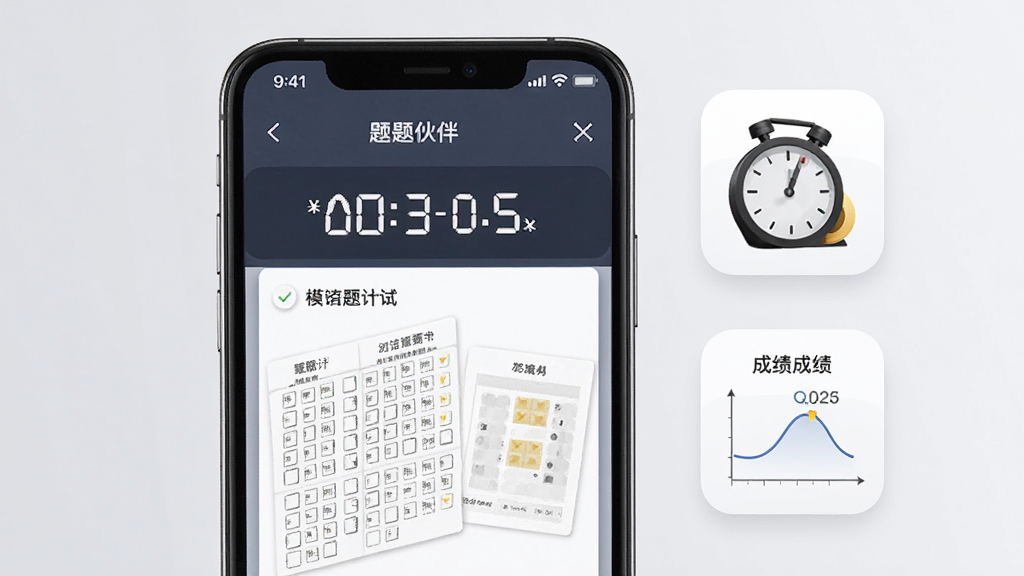 一款名为“题伙伴”的模拟考试功能展示图,画面为手机屏幕显示考试倒计时与答题卡界面,旁边有计时器与成绩单图标,背景为淡灰色,风格严肃专业,细节包含清晰的数字计时、答题卡方格、成绩曲线图,画质高清,干净,无多余元素