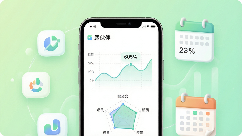 一款名为“题伙伴”的学习数据统计界面图,画面中央为手机屏幕展示折线图与雷达图,屏幕周围环绕着数据图标与日历元素,背景为浅绿色渐变,风格清新数据化,细节包含圆润的图表线条、百分比数字、柔和的网格线,画质高清,干净,无多余元素