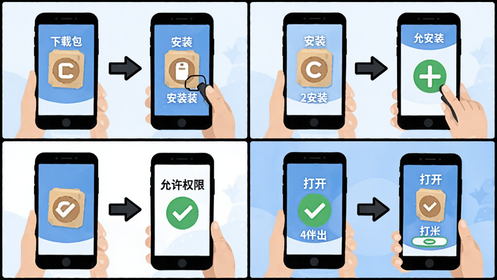 一款名为“题伙伴”的手机软件安装步骤示意图,画面为四格漫画式布局,分别展示下载安装包、点击安装、允许权限、打开使用的操作流程,风格扁平化插画,细节包含手机图标、箭头指引、对勾标记,画质高清,干净,无多余元素