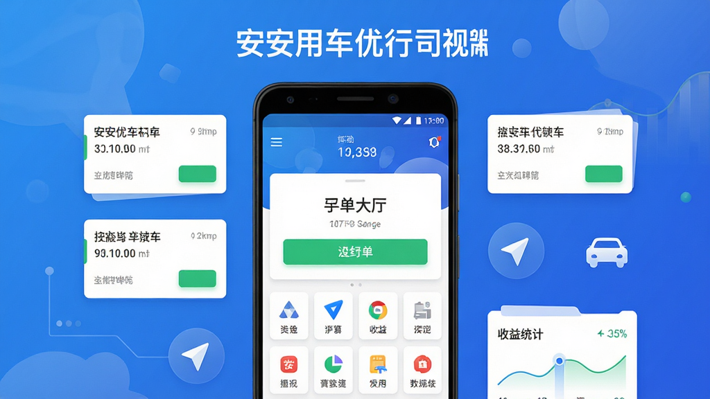 安安用车优行司机端 手机应用主界面展示 主体为一部安卓手机屏幕显示司机端接单大厅页面 布局为手机居中放置 周围环绕订单卡片、导航图标、收益统计图表等元素 排版采用上下结构 上方为软件名称文字 下方为功能图标阵列 风格为科技感扁平化设计 细节包括蓝色渐变背景、白色卡片、绿色接单按钮 画质高清 干净 无多余元素