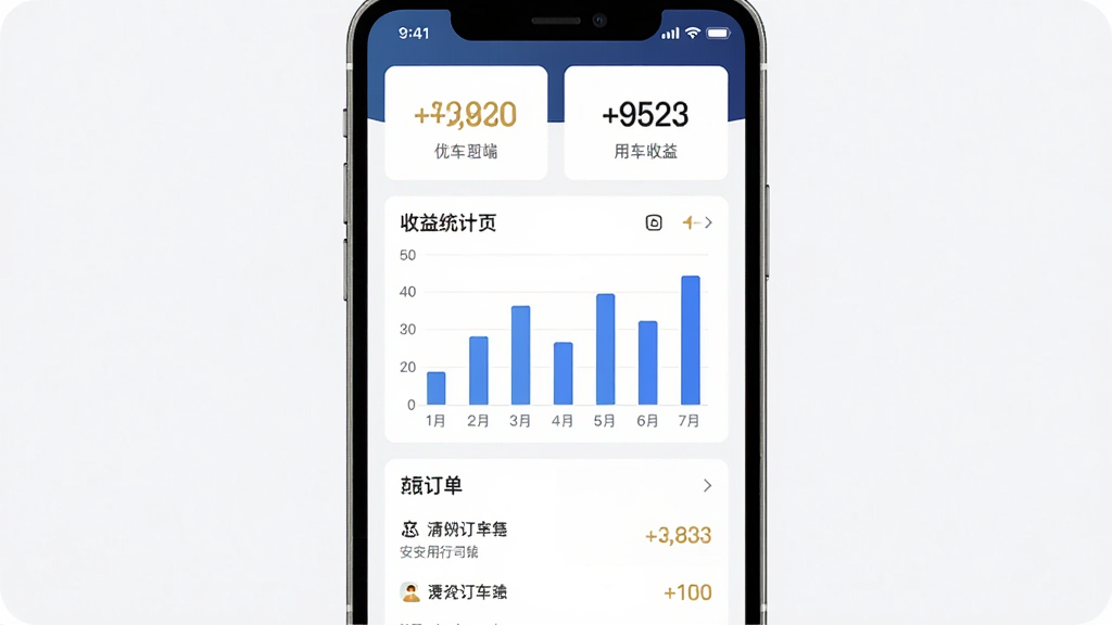 安安用车优行司机端 收益统计页面 主体为手机屏幕显示收益图表 布局为上方数字卡片 中间柱状图 下方订单列表 排版为上下分区 风格为简约数据风 细节包括金色收益数字、蓝色柱状图、白色背景卡片 画质清晰 干净 无多余元素