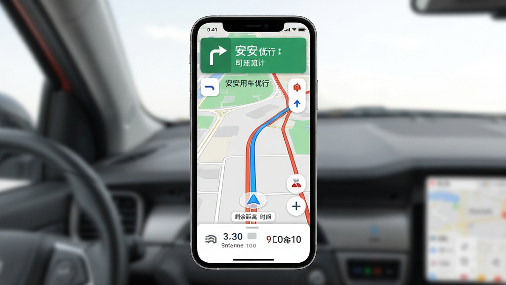 安安用车优行司机端 实时导航界面 主体为手机屏幕显示地图导航画面 布局为全屏地图 上方为转向提示 下方为剩余距离与时间 排版为覆盖式信息层 风格为写实地图风 细节包括蓝色导航路线、红色拥堵路段、白色信息卡片 画质高清 干净 无多余元素