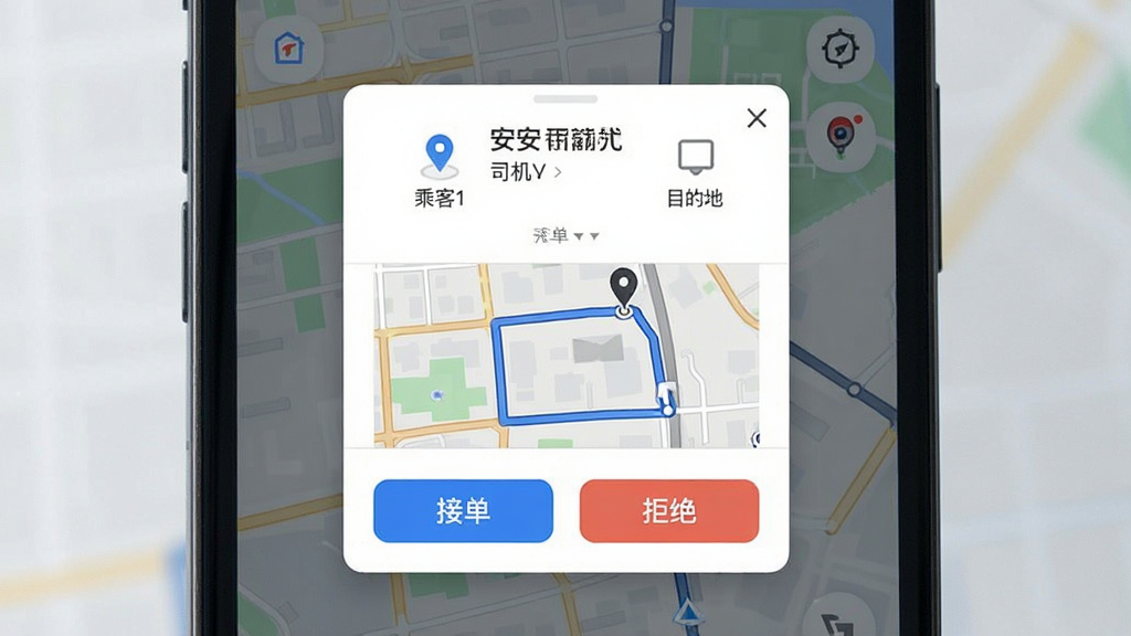 安安用车优行司机端 智能派单功能界面 主体为手机屏幕显示订单推送弹窗 布局为弹窗居中 上方显示乘客位置与目的地 中间为路线简图 下方为接单与拒绝按钮 排版简洁直观 风格为现代商务风 细节包括地图背景、蓝色路线、白色弹窗卡片 画质清晰 干净 无多余元素