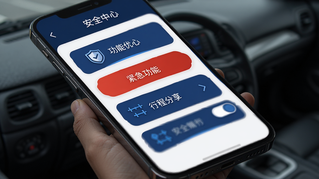 安安用车优行司机端 安全中心界面 主体为手机屏幕显示安全功能列表 布局为纵向排列的功能按钮 排版为列表式 风格为安全稳重的深蓝色调 细节包括盾牌图标、紧急按钮、行程分享开关 画质高清 干净 无多余元素