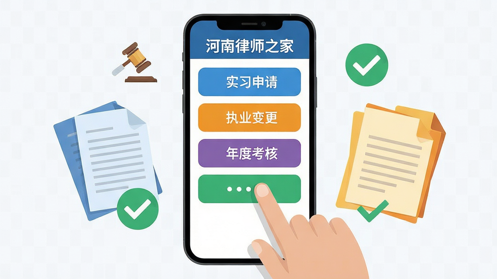 河南律师之家一站式业务办理功能展示图,画面主体为手机屏幕特写,屏幕内排列着实习申请、执业变更、年度考核等彩色功能按钮,一只手正点击其中一个按钮,周围环绕着文件与对勾图标,布局居中对称,风格扁平化商务,细节清晰,画质干净,无杂乱背景元素