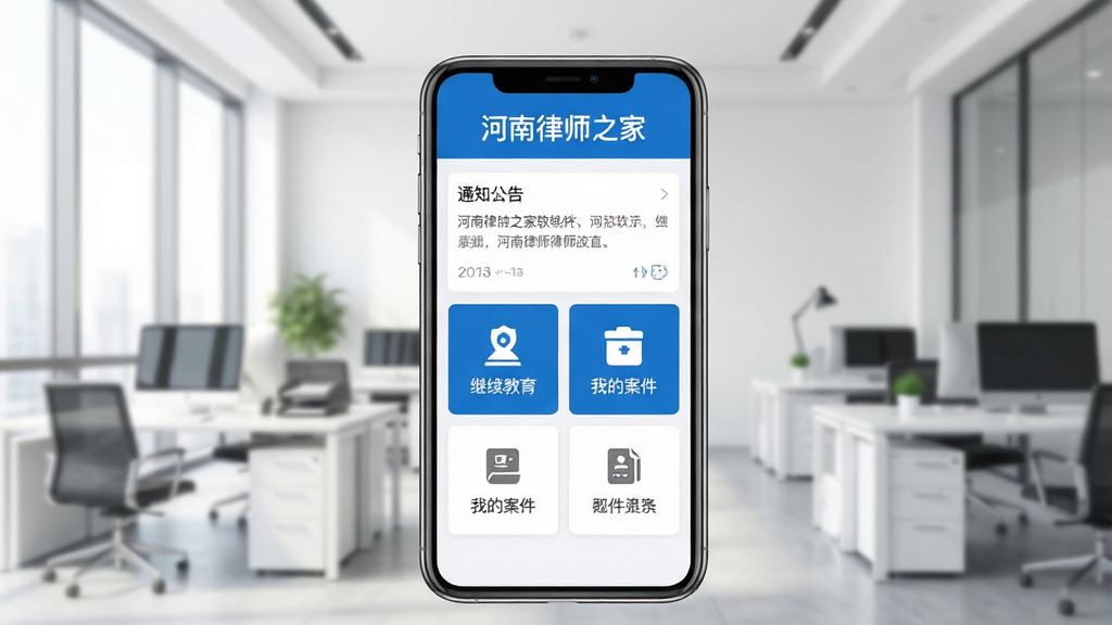 河南律师之家软件主界面预览图,画面中央展示一部智能手机,手机屏幕上呈现蓝白配色的应用界面,顶部有