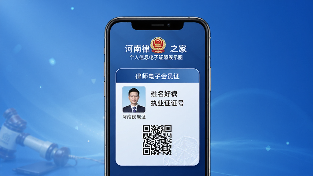 河南律师之家个人信息电子证照展示图,画面中央为手机屏幕,屏幕上显示律师电子会员证卡片,卡片上有姓名、执业证号、二维码等信息,背景为蓝色渐变,风格正式商务,细节精致,画质高清,画面干净无多余元素