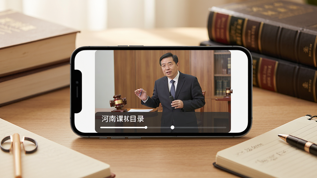 河南律师之家在线继续教育学习界面图,画面展示手机横屏播放法律课程视频的场景,屏幕上方有讲师授课画面,下方有课程目录和进度条,旁边散落着法律书籍和笔记本,整体色调温暖柔和,风格写实,画质高清,文字清晰可辨,画面干净整洁