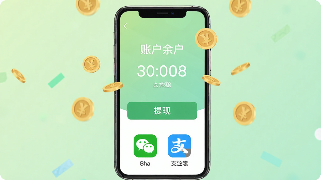 轻赚兼职收益提现页面,手机屏幕显示账户余额数字和提现按钮,下方有微信和支付宝图标,背景为浅绿色渐变,扁平化设计,画面中有金币飘落效果,干净整洁,高清画质