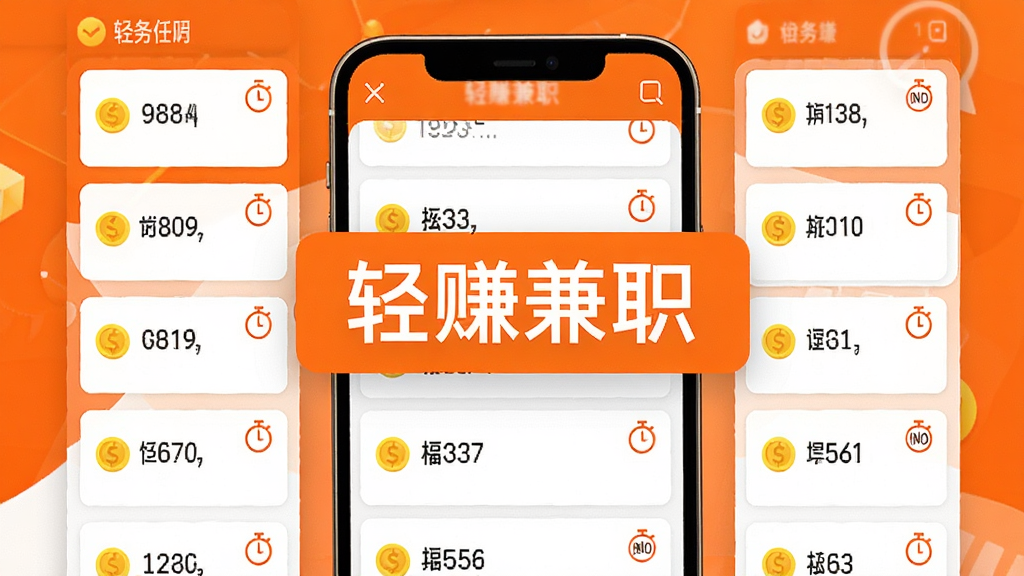 轻赚兼职任务大厅界面,画面中手机屏幕显示密密麻麻的任务卡片列表,每个卡片上有金币数字和倒计时图标,背景为明亮橙色与白色搭配,扁平化设计风格,画面中央有轻赚兼职文字标识,干净整洁,高清画质